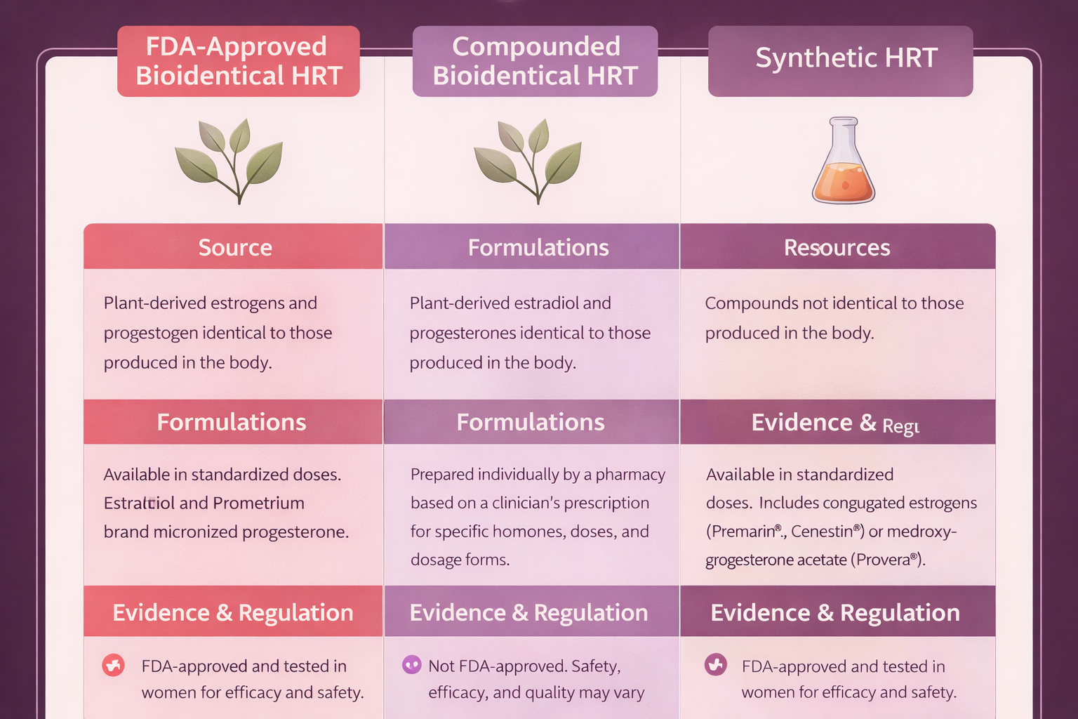 Comparison diagram showing FDA-approved bioidentical, compounded bioidentical, and synthetic hormone therapy side by side on regulatory oversight, safety data, and potency consistency